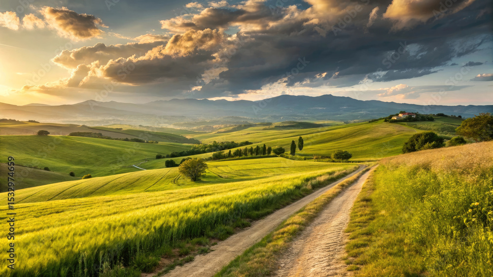 Obraz premium Sunset Over Rolling Hills and Wheat Fields