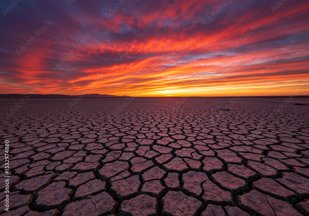 Sunset over a dry cracked desert landscape with an arid ground and textured soil Sunset over a dry cracked desert landscape with an arid ground and textured soil