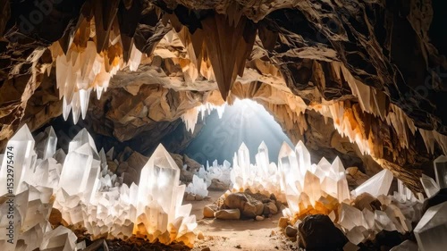 Enchanted cave interior with quartz crystals and sunbeams shining through the opening, creating a serene and magical atmosphere within the cavern.