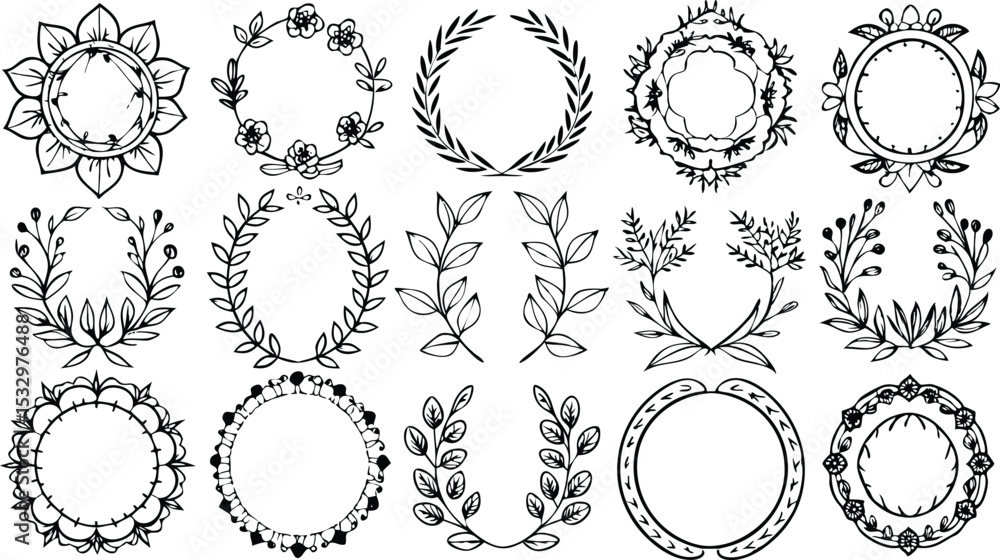 Fototapeta premium Black and White Floral Wreath Frames Botanical Elements Set 1