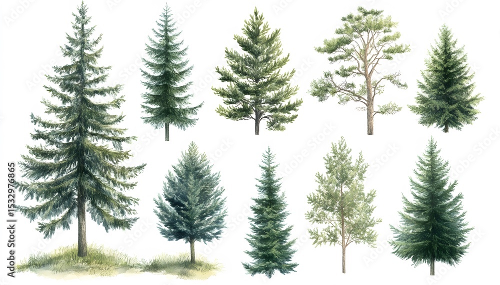 Obraz premium Variety of coniferous trees illustration.