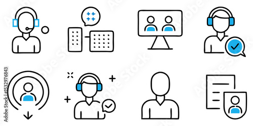 Customer Service Line Icon Set. Support, Contact Us, Call Center, Online Chat, User, and More. Outline Vector