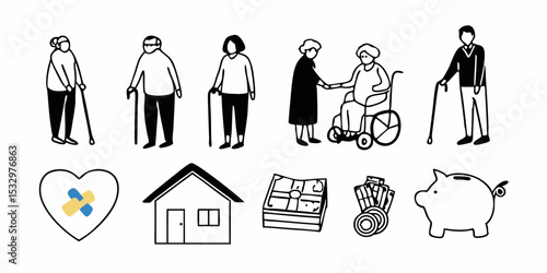 Elderly Care & Retirement Line Icon Set. Seniors, Home, Money, Savings, Assistance, and More. Outline Vector.