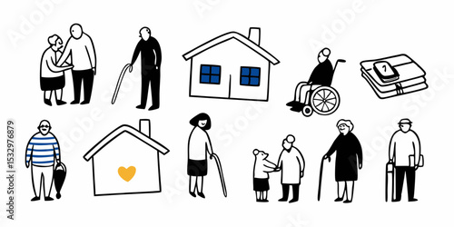 Outline Senior Living & Financial Icons Collection. Minimalist Line Art for Aged Care and Retirement Planning. Outline Vector Art.