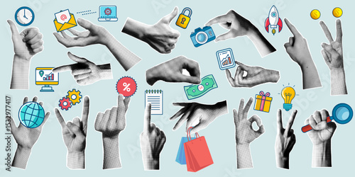 Halftone hand collage with digital marketing icon and finance or business infographic. Arm gesture or man finger touch sticker cutout. Investment idea or startup success symbol with torn grunge paper.