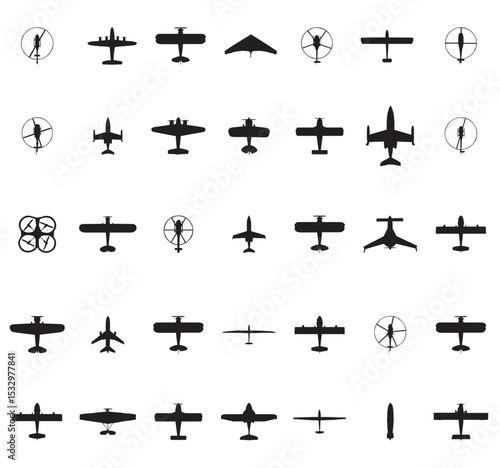 Different types of aircraft silhouettes displayed in a grid format for educational purposes and design eps file