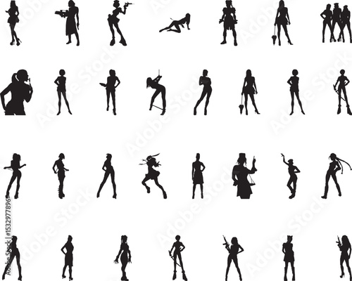 Silhouettes of diverse female characters engaged in various dynamic poses highlighting strength and individuality