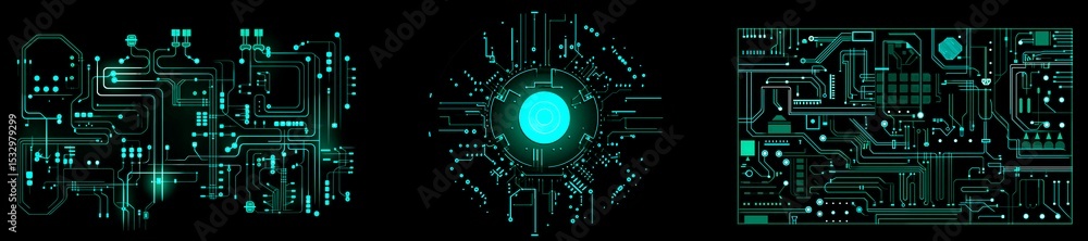 Obraz premium High-Tech Circuit board patterns Overlay. Futuristic Electronic Abstract Digital technology background. Blue tech, data network, digital connections, dark background, computer lines and nodes