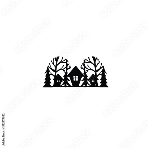 A forest silhouette with treehouses on white background