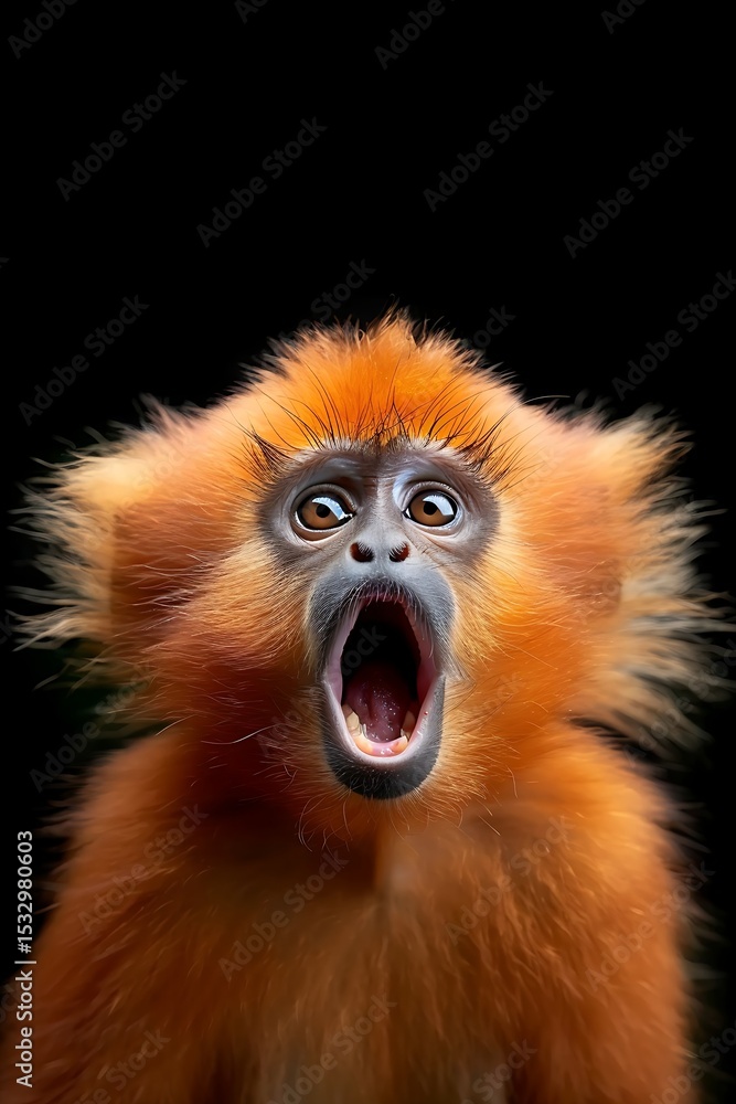 Fototapeta premium A startled orange monkey with fluffy fur and a wide-open mouth stares directly ahead on a black background