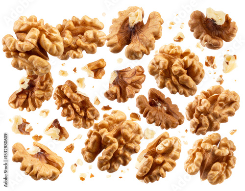 Cracked walnuts with shell fragments falling in slow motion, dramatic lighting, isolated PNG