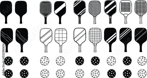 Pickleball Paddle Set Designs Black White Graphic Illustrations