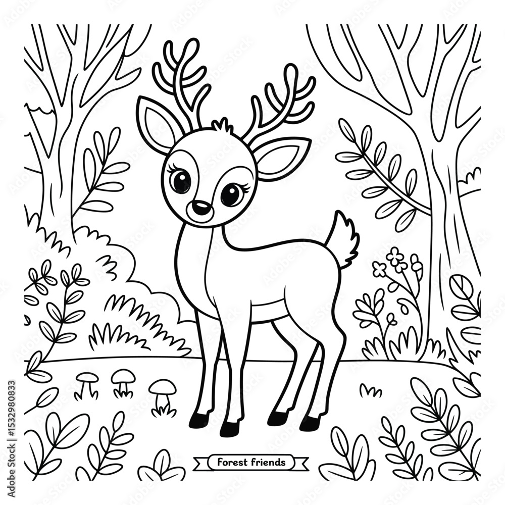 Fototapeta premium Cute Deer in Forest – Black and White Cartoon Animal Illustration for Coloring