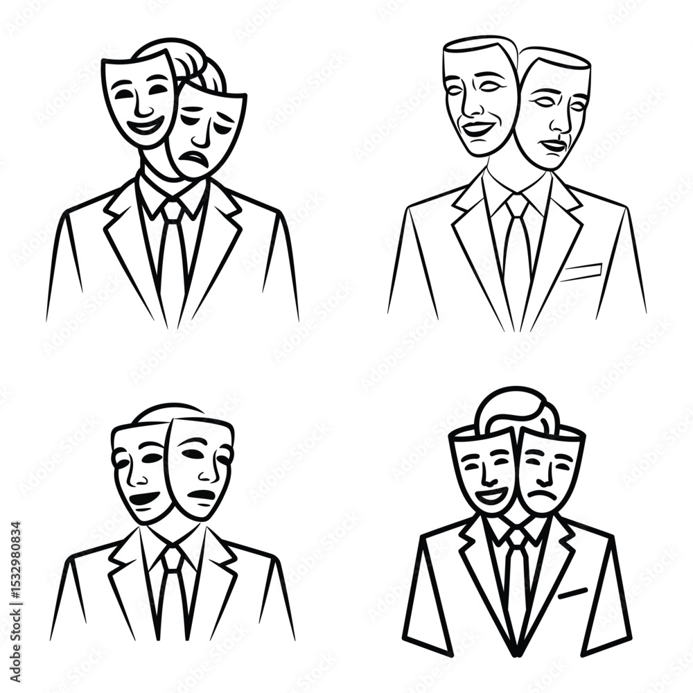 Dual Personality Businessman Icon Set - Deception, Drama, and Hidden Identity Symbols Dual Personality Businessman Icon Set - Deception, Drama, and Hidden Identity Symbols