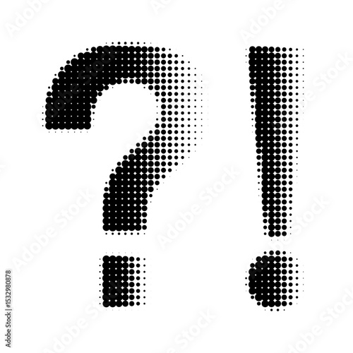 Black halftone question and exclamation marks. Bold dotted punctuation symbols in pop art style. Vector icon set on white background for modern graphic design and communication themes.