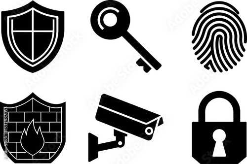 Security elements shield key fingerprint camera padlock silhouette vector illustration