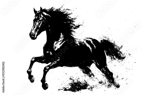 Powerful black horse galloping in dynamic artistic style for dramatic design use