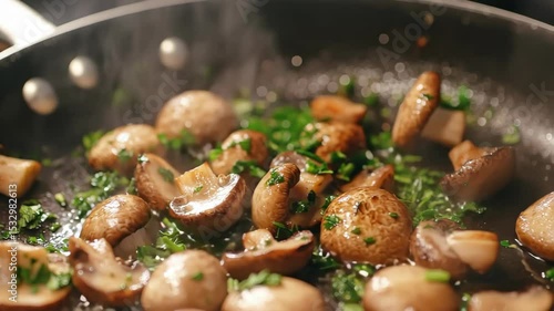 Sizzling mushrooms with fresh herbs in a frying pan  delicious cooking sequence