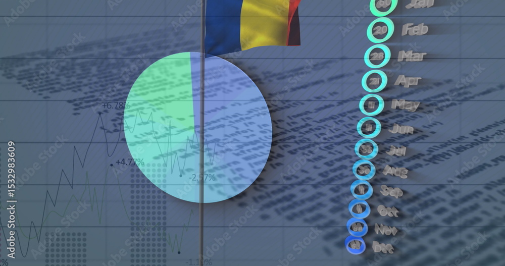 Obraz premium Displaying pie chart overlaying graphs and month markers in infographic with Romanian flag stripes