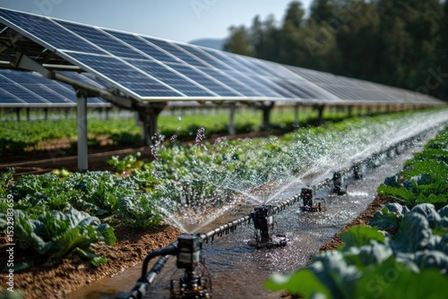 Automated irrigation system watering crops under solar panels, representing sustainable agriculture and renewable energy