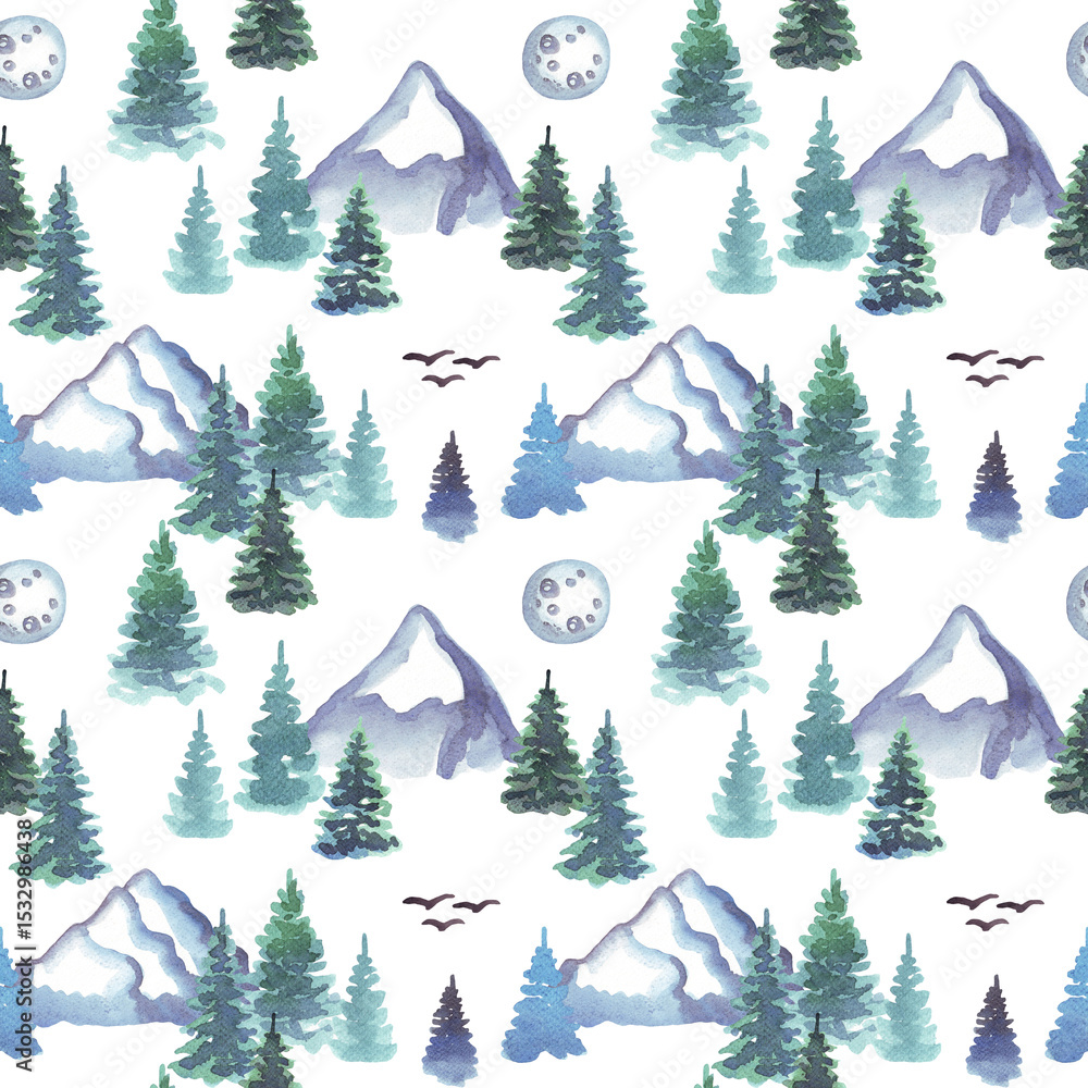 Obraz premium Forest and mountains landscape. Seamless pattern