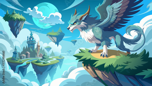 Majestic winged wolf fantasy creature on floating islands