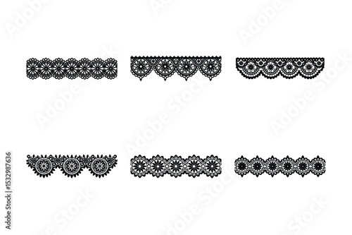 Collection of Six Black Lace Border Designs on White Background
