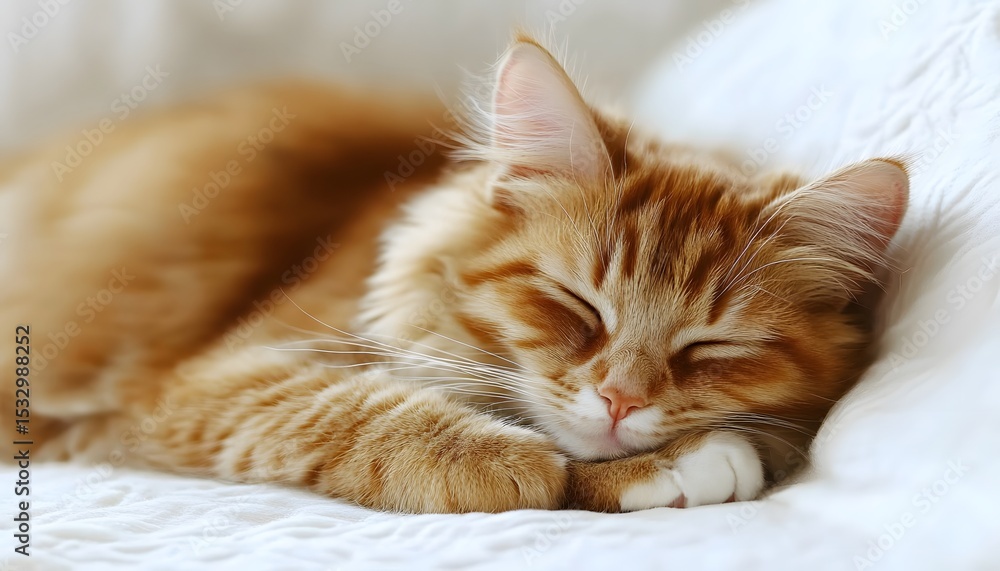 Ginger cat sleeping peacefully on a white bed. Ginger cat sleeping peacefully on a white bed.