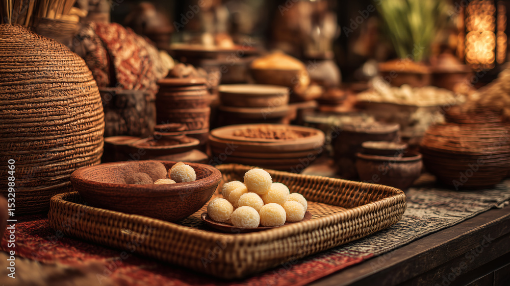 Fototapeta premium Traditional Sweet Rice Balls in Rustic Market Setting