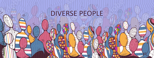 Banner with abstract silhouettes of people. Racial and Gender Equality, Diversity, Inclusion. Geometric background with group of diverse characters. Multicultural community. Flat vector illustration