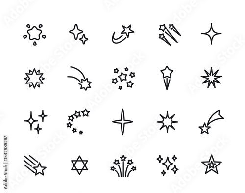 Shooting stars line icon set. Simple symbols with meteorite, cosmic shine and comet with tail. Editable stroke. Design element for app. Outline vector illustration collection isolated on background