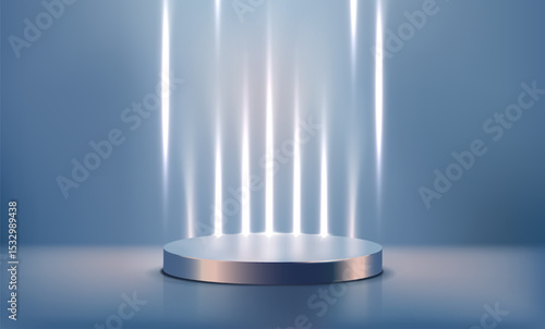 Futuristic 3D Metallic Podium. Background or banner with round stage or scene with gradient glitter and bright blue spotlights. Design for product presentation. Realistic 3D render vector illustration