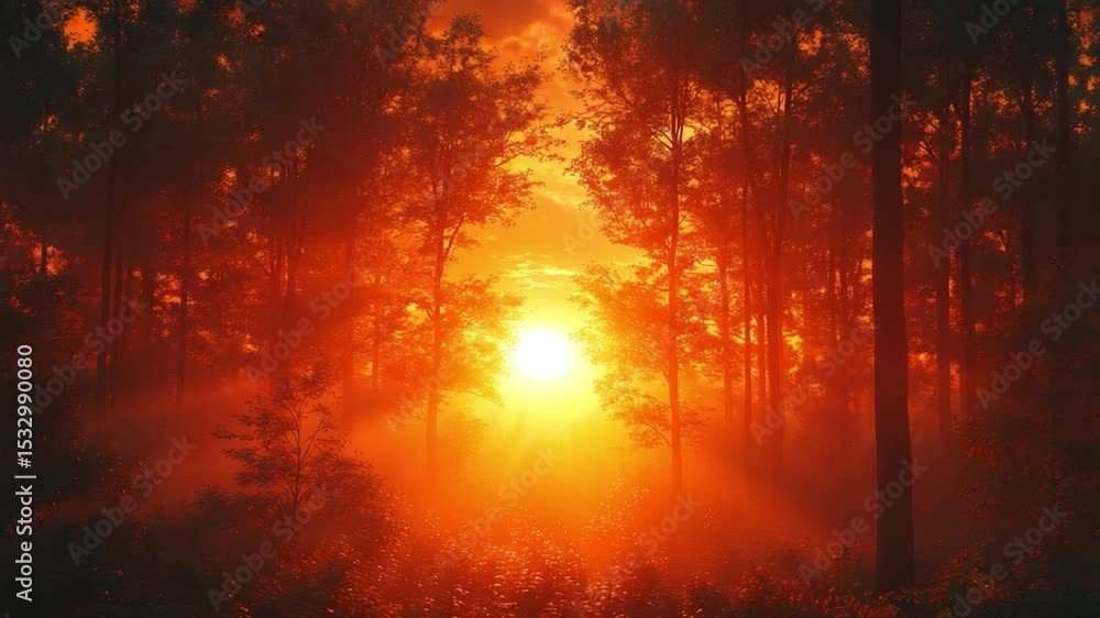 Sunrise over the Trees: The sun's radiant glow illuminates the silhouettes of tall trees in the early morning. This landscape depicts the power of nature. Sunrise over the Trees: The sun's radiant glow illuminates the silhouettes of tall trees in the early morning. This landscape depicts the power of nature.
