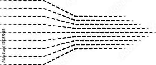 Parallel dashed lines converging into a point and extending forward in a directional flow.