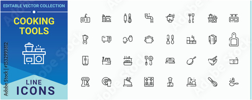 Cooking Tools modern icon set. Related to tools, kitchenware, cook, kitchen and more. Kitchen Accessory modern icon set. Vector icons collection. Editable stroke. Pixel Perfect.