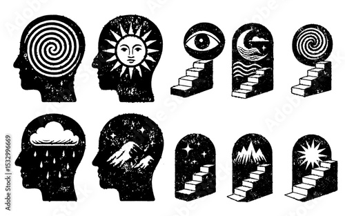 Set of 8 black-and-white vector heads and stairways with surreal scenes, featuring a bold, woodcut-style texture. Perfect for mystical designs, posters, tattoos, album art, or branding. 