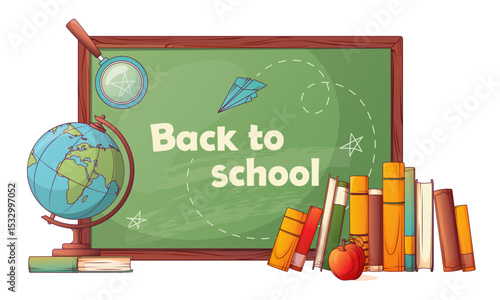School composition of vector illustration of desk with globe, standing books, magnifying glass.  Concept of back to school, studying and education.