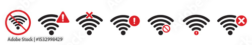 Set of no wifi icon sign , Wifi and wireless problem icon or no wifi icon set. wifi internet no access error icon sign. wifi signal with a prohibition symbol. 