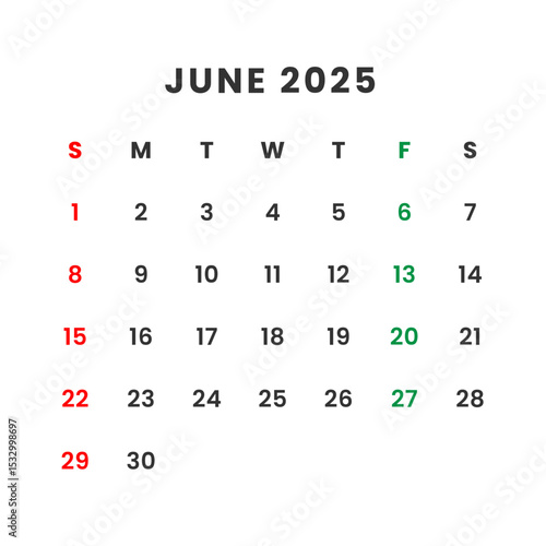 June 2025 calendar grid with days of the week and dates highlighted in red and green for emphasis