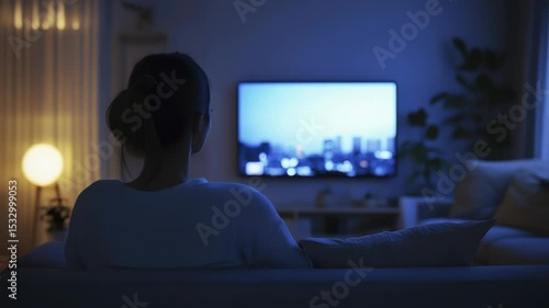 Woman Relaxing Indoors Watching Television at Night