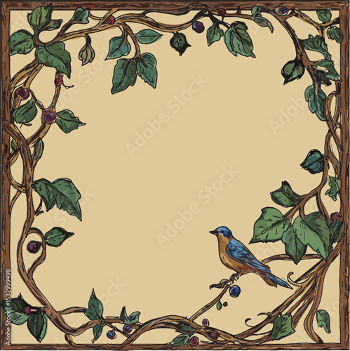 Tree branch background, frame, border with intertwined branches, single bluebird, robin perched on branch
