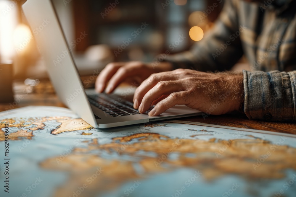 Fototapeta premium Close up view of hands typing on a laptop keyboard, surrounded by a world map on the desk, planning the next exciting travel adventure