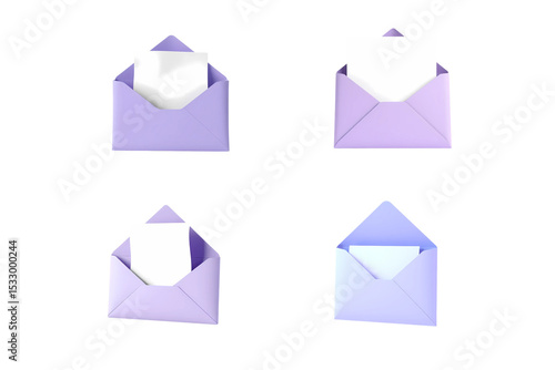 Four lilac envelopes with blank white cards inside isolated on transparent background