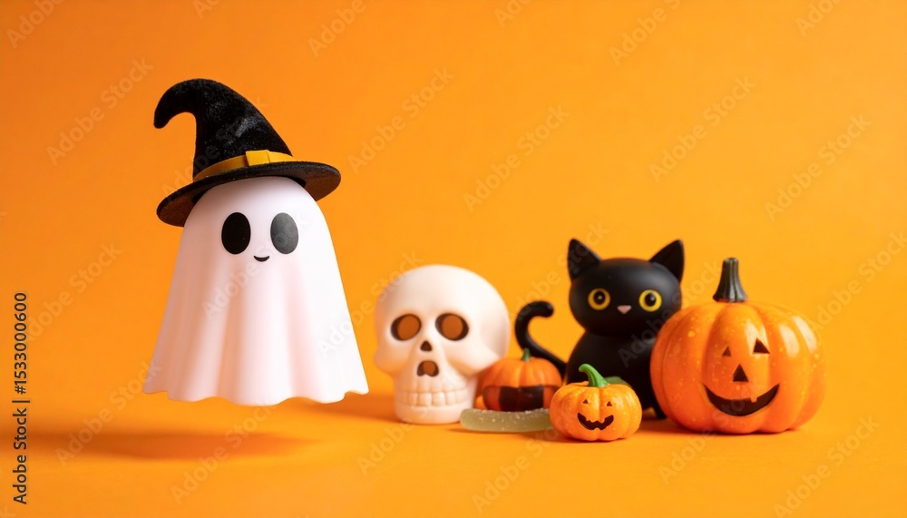 Obraz premium Spooky Halloween characters and objects set against a vibrant orange background. The scene is filled with fun and festive items, capturing the essence of the holiday. 