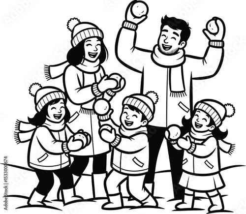 Happy Family Snowball Fight Winter Fun Cartoon Illustration