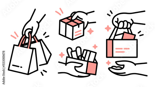 Hand holding shopping bags line illustrations set featuring and delivery boxes for e-commerce retail and customer service marketing