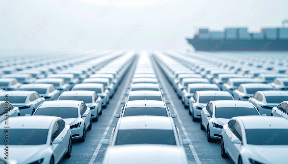Obraz premium Rows of new cars ready for export at a port. A large cargo ship is visible in the background.