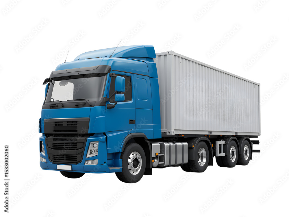 Realistic silver semi-truck pulling cargo container trailer, isolated on transparent background, ideal for logistics, freight, transport, and shipping designs. Realistic silver semi-truck pulling cargo container trailer, isolated on transparent background, ideal for logistics, freight, transport, and shipping designs.