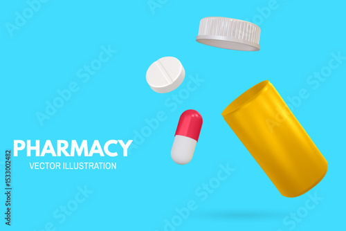 Pharmacy poster, banner with 3d Realistic Pharmaceutical Bottle and capsule pill tablet. Advertising for hospital or pharmaceutical company. Sign for pharmacy. Vector illustration