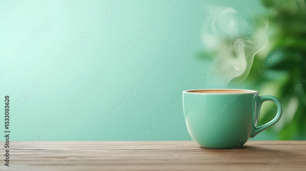 Fototapeta premium Steam Rising from a Freshly Brewed Cup of Coffee on a Wooden Table with a Soft Green Background and Relaxing Ambiance